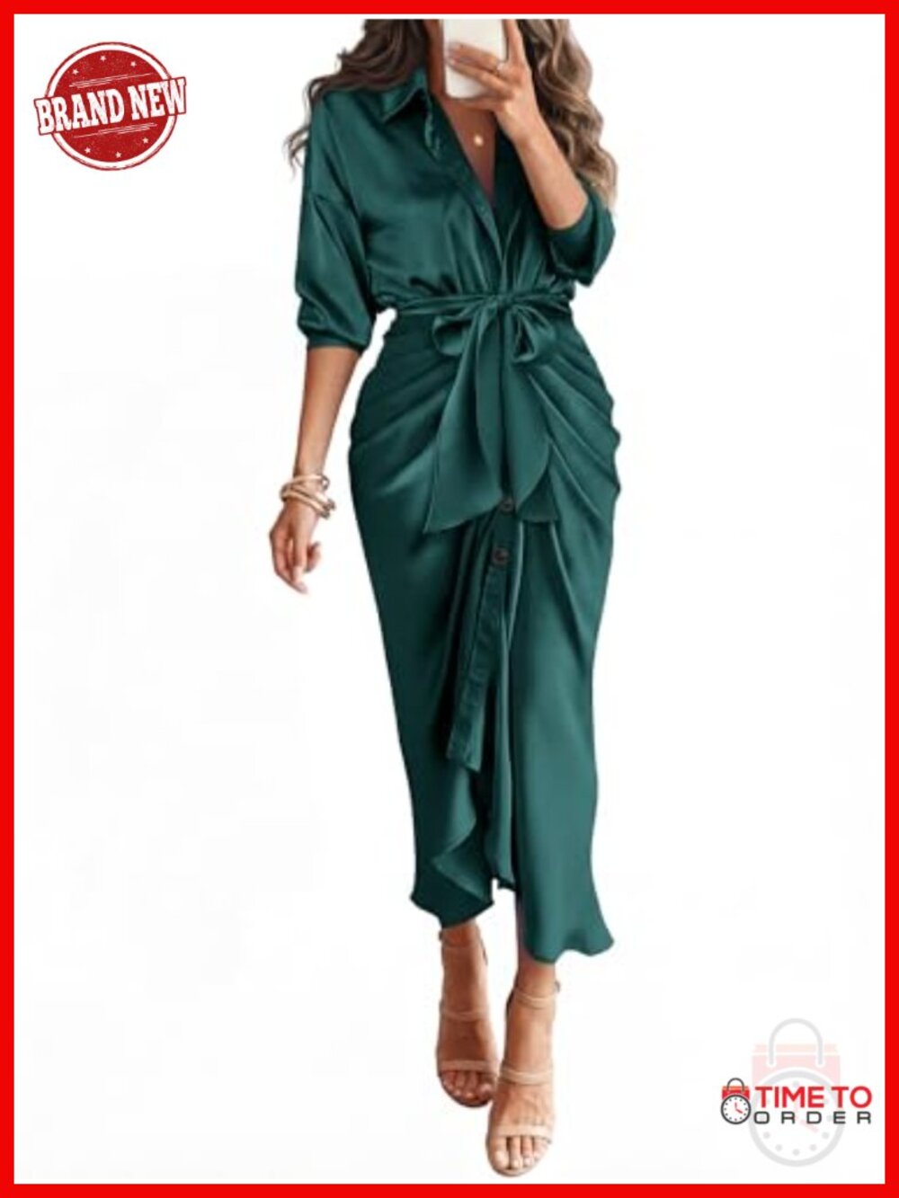 BTFBM Women's Button Down Satin Maxi Dress Tie Waist Ruched Shirt Dress